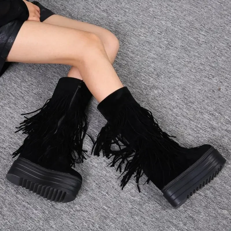 Autumn and winter fringed boots inside thickening 14 cm ultra high heel Women\'s boots in the tube muffin bottom female snow boot
