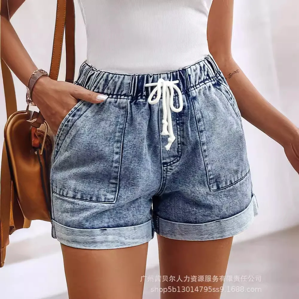 

Women's Clothing 2024 Summer Light Blue Bleached Elastic Bandage Denim Shorts Pants Jeans High Waist Sexy Shorts