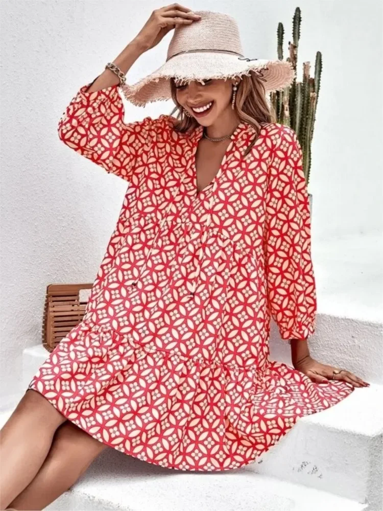 Moda estiva nuova stampa abito Boho sexy stile spiaggia temperamento corto scollo a V lunghezza al ginocchio abito da festa elegante femminile