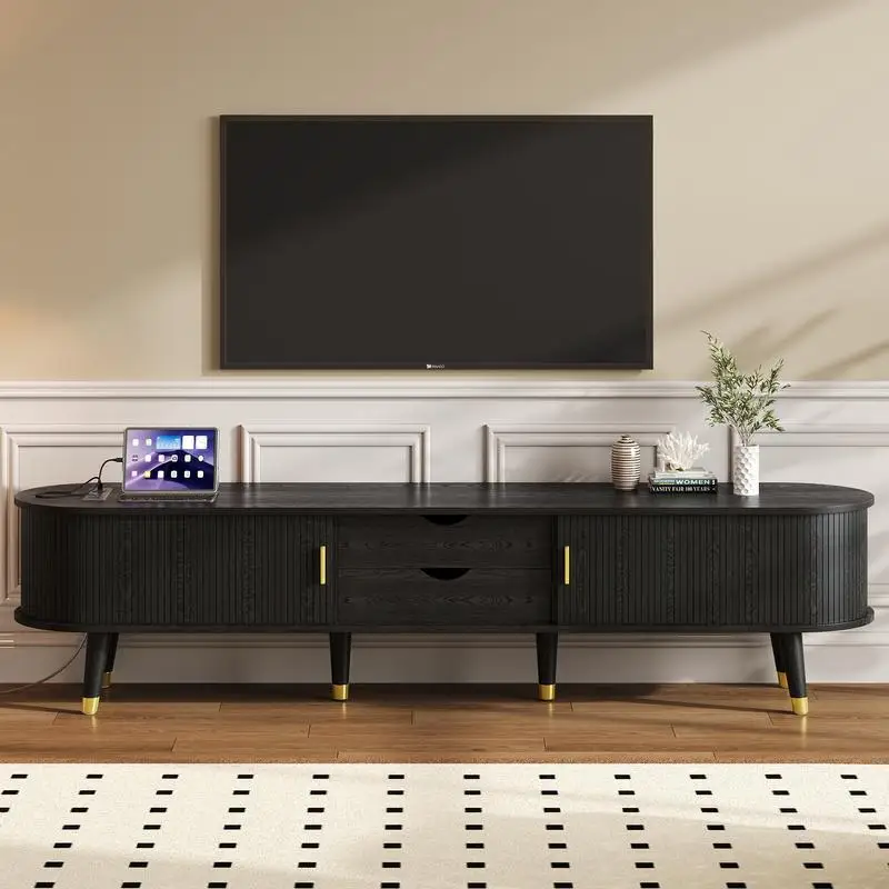 Wooden Oval Fluted TV Stand with Charging Station for TVs up to 80", Mid-Century Media Console with Sliding Door, Farmhouse