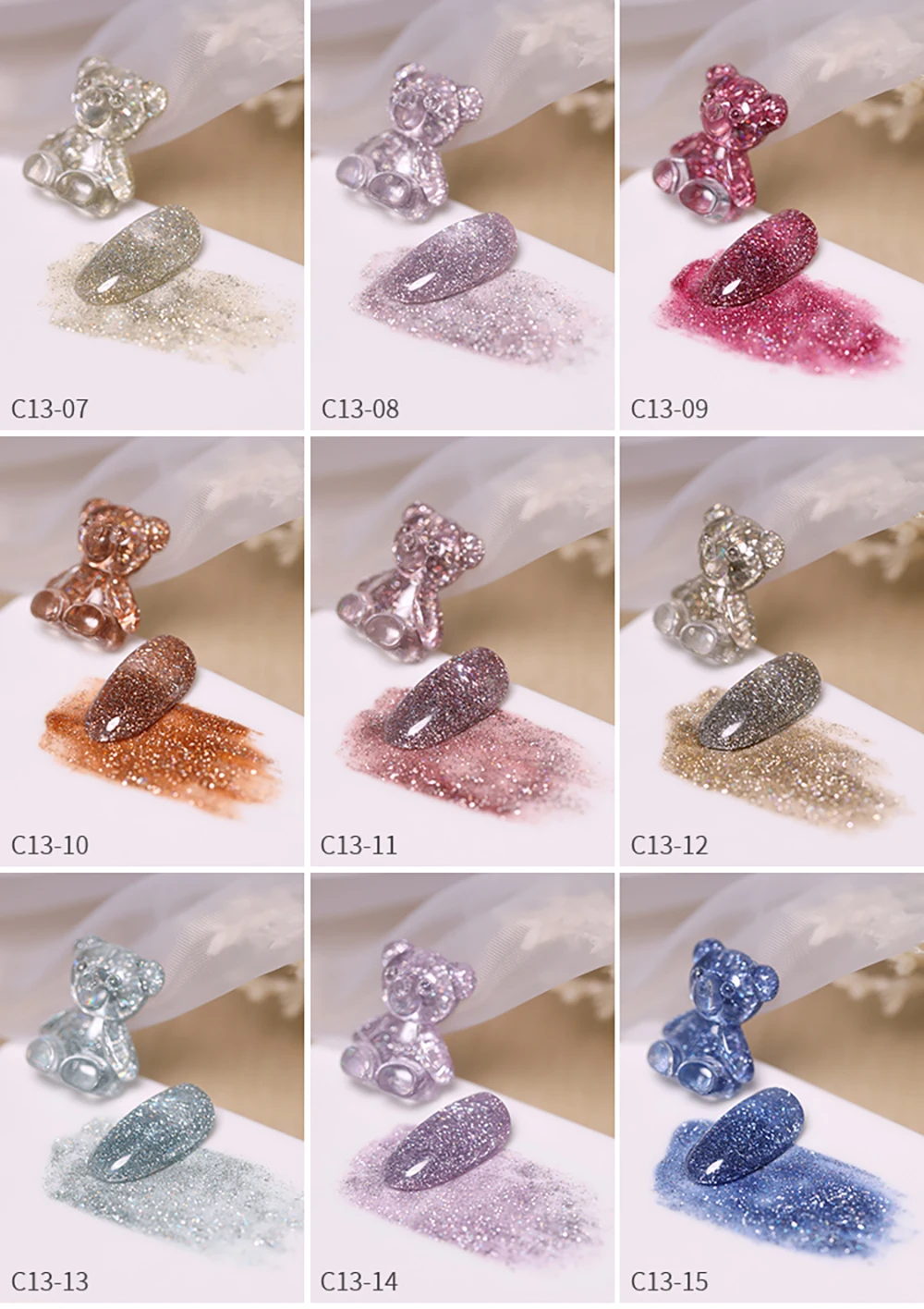 Vendeeni 24 Farben Glitzer-Broken-Diamond-Gel-Nagellack, reflektierender Nagelkunst-Gel-Lack, UV-LED-Soak-Off-Gel-Lack 15ml – Detail 6