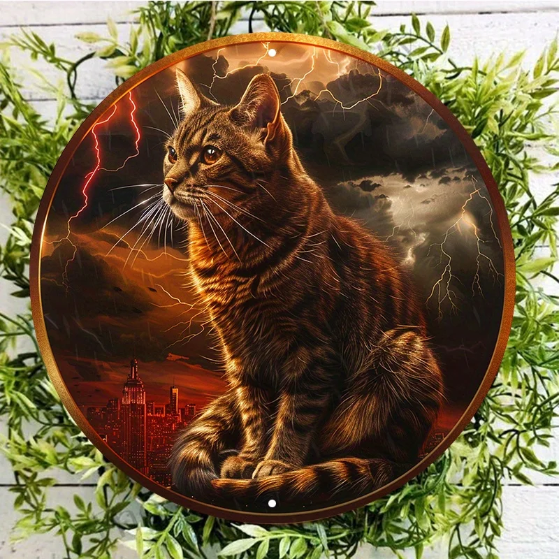 Waterproof Cat Metal Sign Art, Round Aluminum Wall Decor with HD Thunderstorm Cat Print Weather Resistant Door Hanger