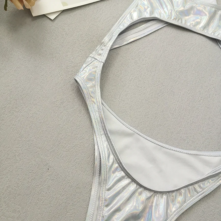 costume da bagno sexy argento metallizzato un pezzo scava fuori bikini senza schienale Costumi da bagno Costumi da bagno abiti da spiaggia body biquini tankini
