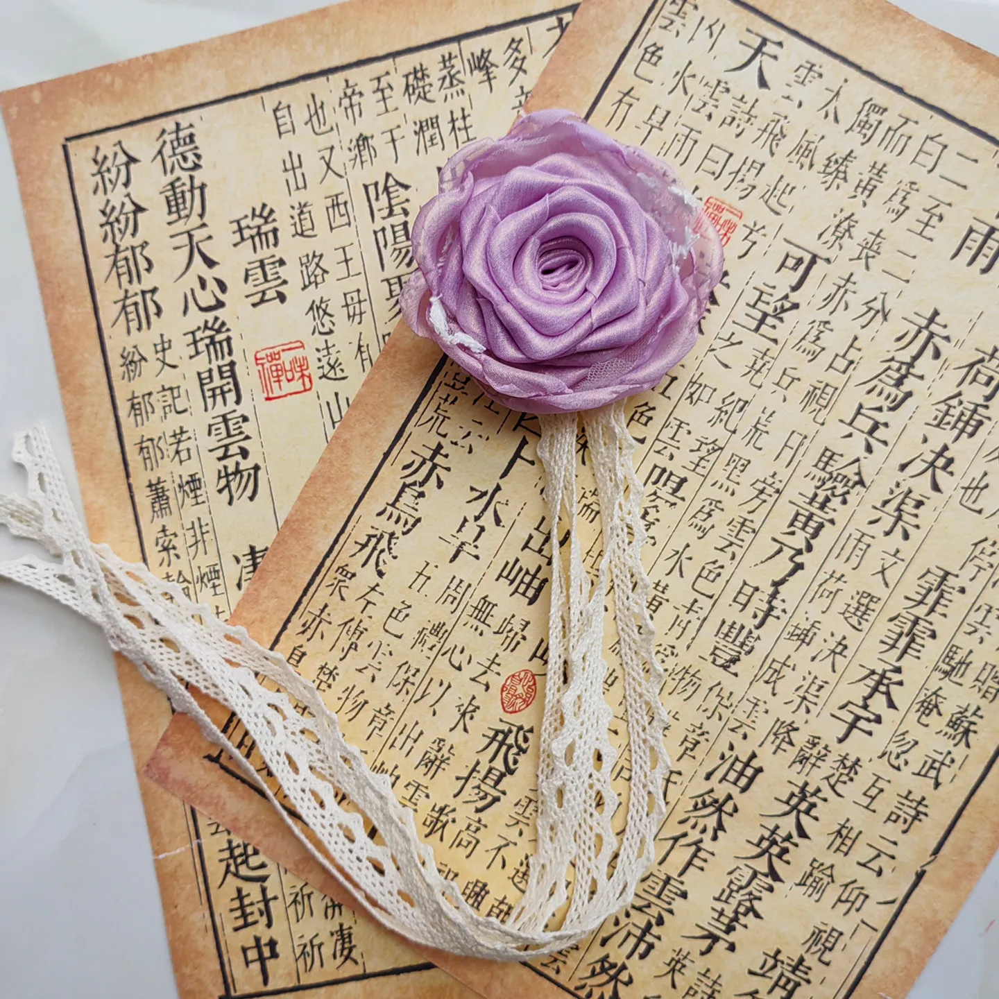 Handmade Purple Tone Rose Brooch with Long Ribbons Lolita Style Floral Accessory for Evening Parties and Wedding Guests
