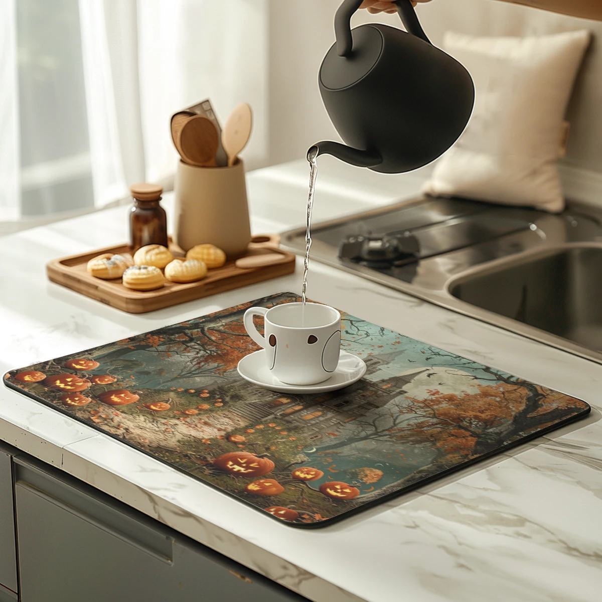 1pc Drying Mat Halloween Jack-o '-lantern Non-Slip Absorbent Mat Tableware Kitchen Counter Drain Mats Placemats for Table