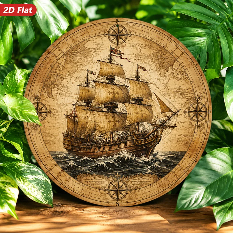2D Flat, 1pc Vintage Nautical Ship Round Metal Sign Wall Art, Vintage World Map Design, Classic Compass Rose, Home Decor, Perfec