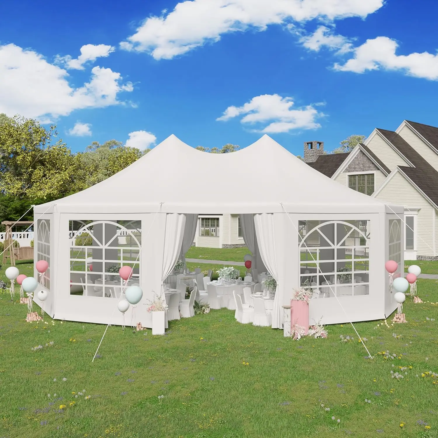 26'x19' Tent White Wedding Tent Decagonal Heavy Duty Canopy with 8 Removable Sidewalls 8 Church Windows and 2 Pull-Back Doors