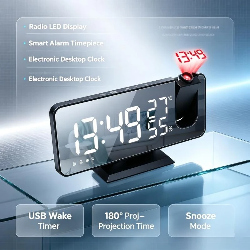 Radio LED Display Smart Alarm Timepiece Electronic Desktop Clock USB Wake Timer 180° Projection Time Snooze Mode