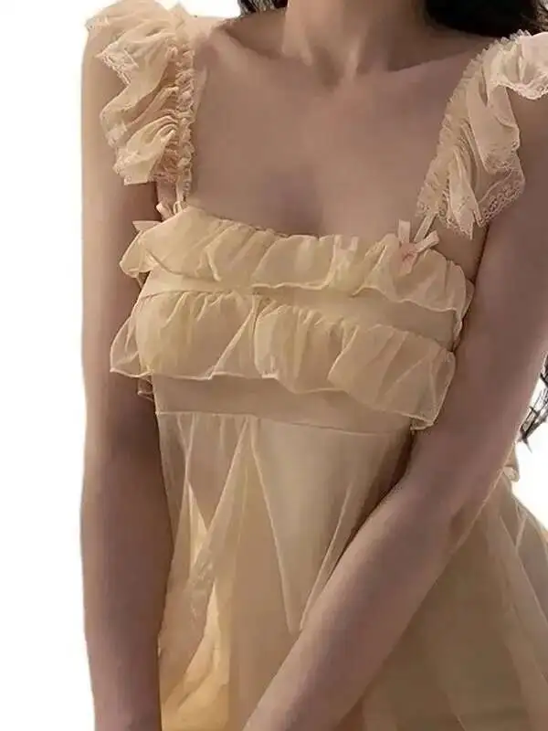 Camisón fino de encaje Sexy coreano para mujer, ropa de casa tentadora de dos piezas, Tops de moda para mujer 7IG0