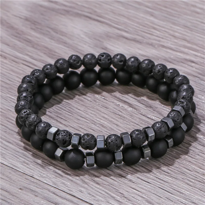2Pcs Vintage Men Natural Lava Stone Beaded Bracelet Set Hematite Cube Spacer Elastic Bracelets Male Jewelry Gift