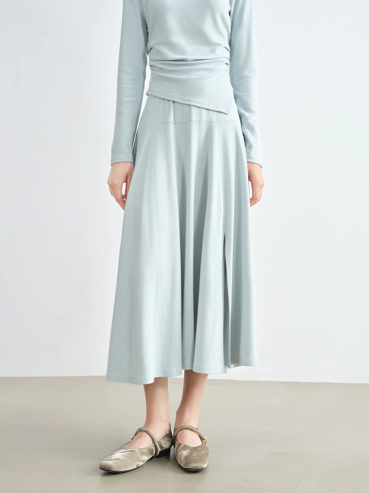 ZIQIAO Autumn 2025 Long Sleeve Set - Blue Soft Tone Matching Top & Skirt Long Length Women Casual Outfit​