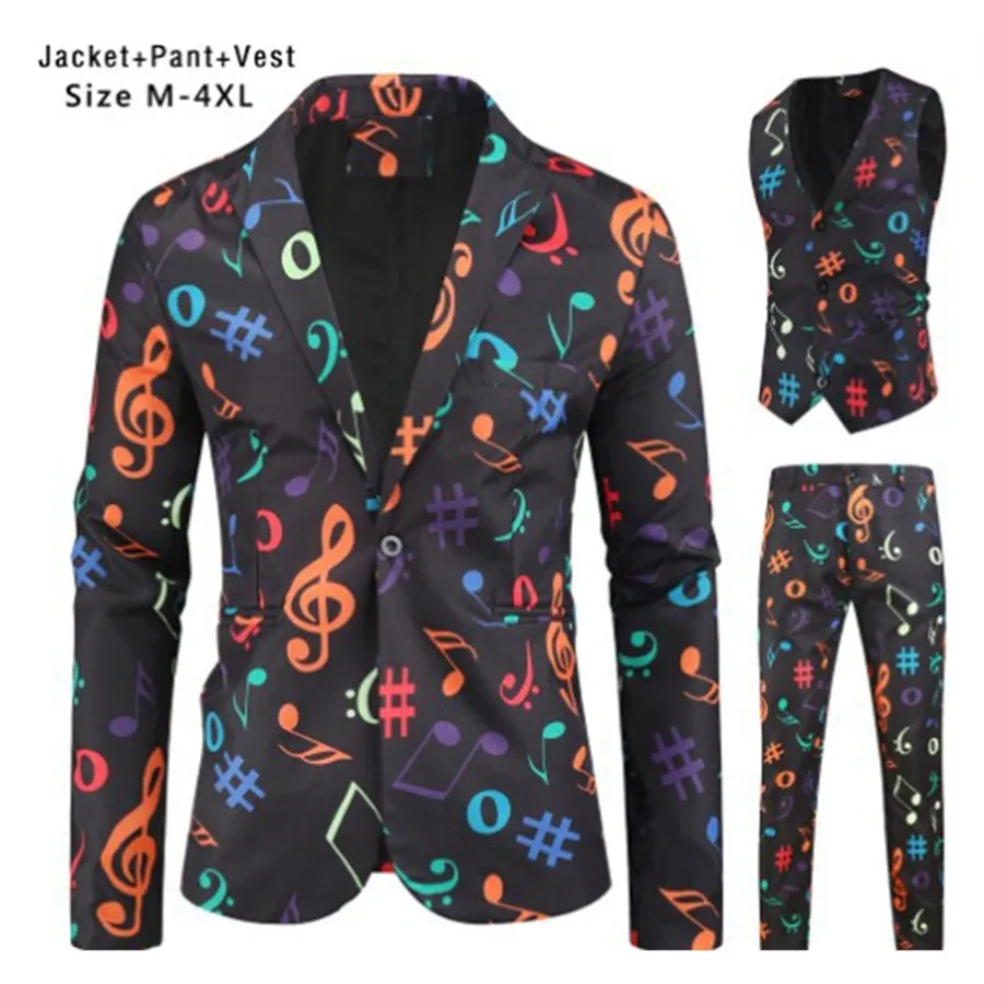 

Musical Notes Printed Men Suit Sets Colorful 3 Pieces Jacket Vest and Pants Men Stage Prom Costume Nightclub Set Streetwear 4XL