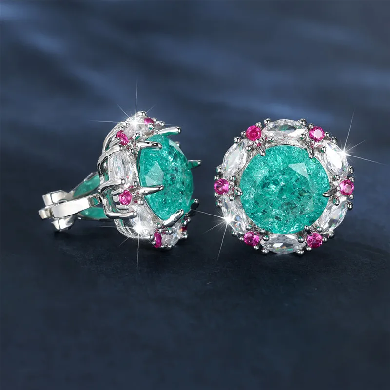 Green Ice Flower Zircon Clip Earring Luxury Rose Red Crystal Round Stone Earrings For Women Classic Silver Color Wedding Jewelry