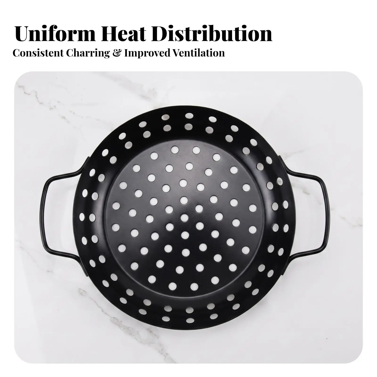 Portable Camping Grill Accessory Nonstick Carbon Steel Round Tray with Handles for Open Fire Grilling Vegetables and Meats