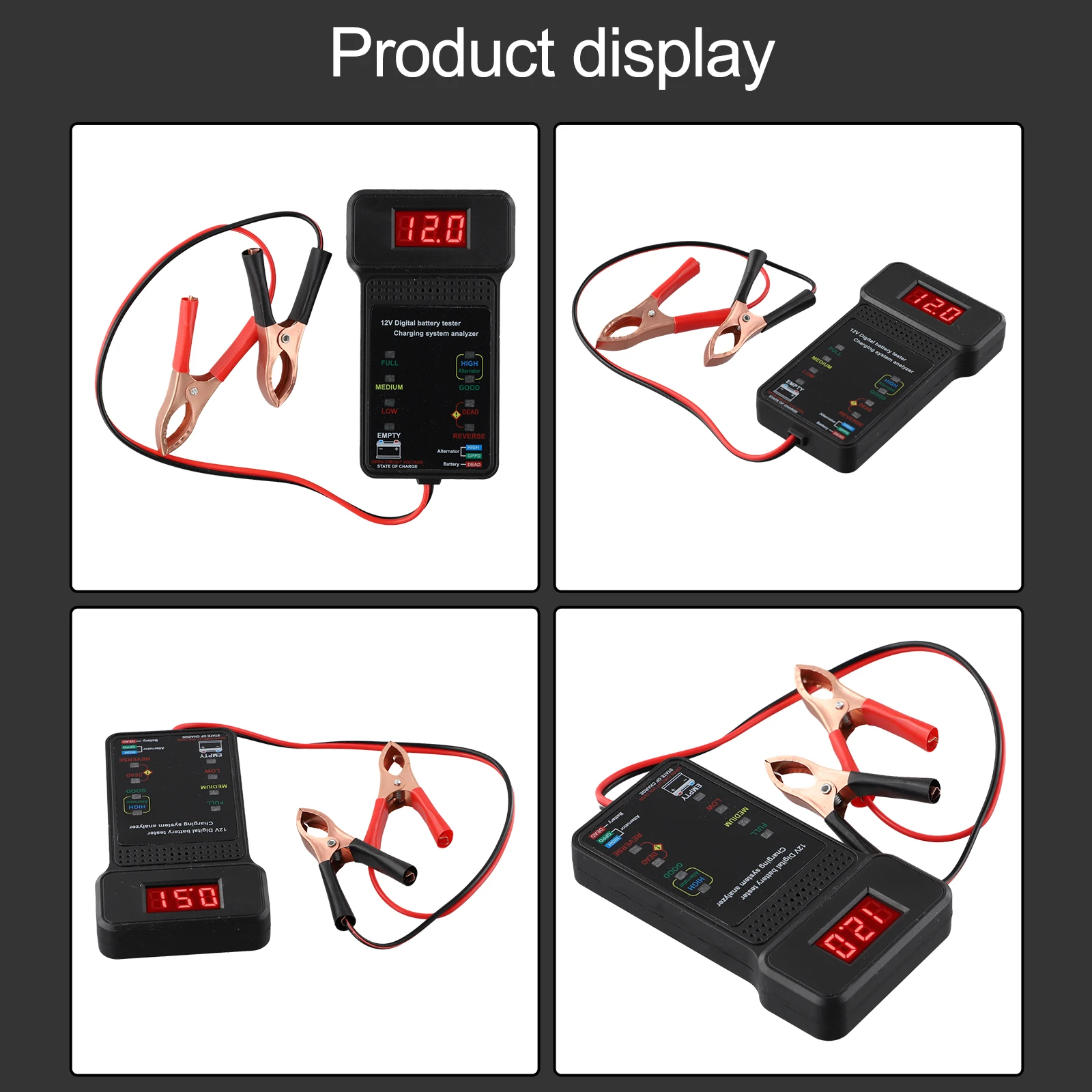 12V Battery Tester with LED Voltage Display and Condition-Specific Indicators for Battery and Alternator Tests