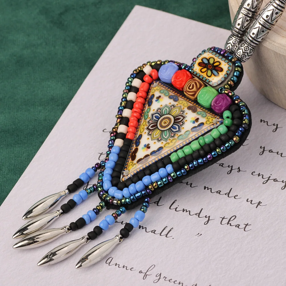 Exotic Exaggerate Design Handmade Briaded Retro Bohemian Geometric Pendant Ethnic Tribal Style Jewelry Long Leather Necklace