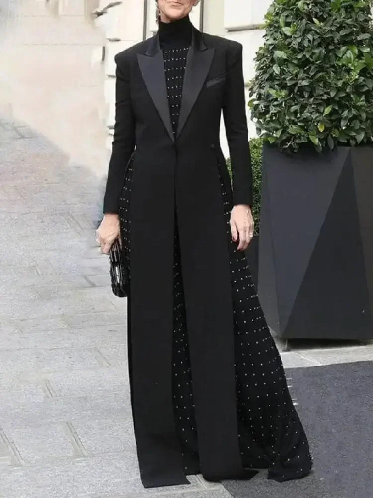 Women's Black Long Coat Notch Lapel Collar Long Sleeves One-Buttoned Blazer Coat 2026 Spring Stylish Split-side Outerwear