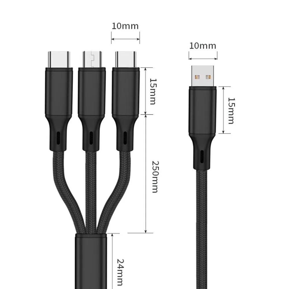 Universal Nylon Braided Wire 3-In-1 Fast USB Charging Cable Data Sync Cable Phone Charger High Speed Mobile Phone Quick Charge