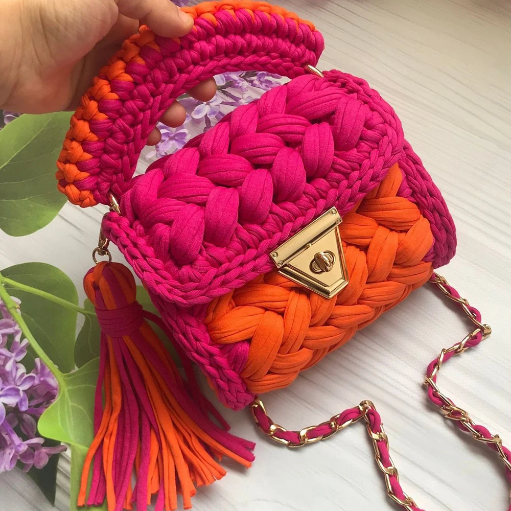 Color Blocking Crochet Women's Bag Fashion Tassel Knitting Shoulder Bag NEW Cloth Strip Woven Crossbody Bags for Women Handbags