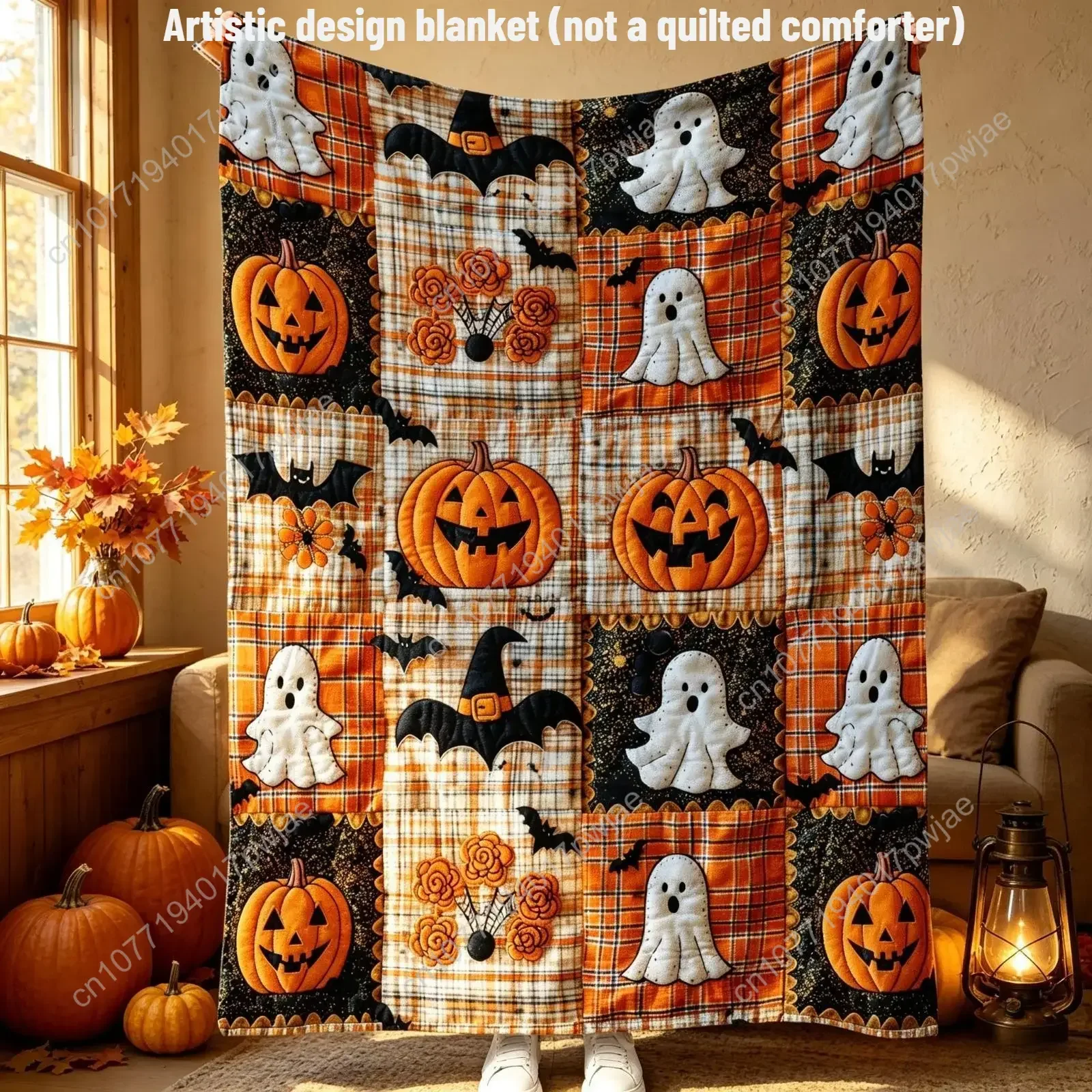 Countdown Sale Halloween Pumpkin Ghost Bat Plaid Patchwork Flannel Blanket Kids And Adults AC Blanket Soft Warm Cozy Throw Blank