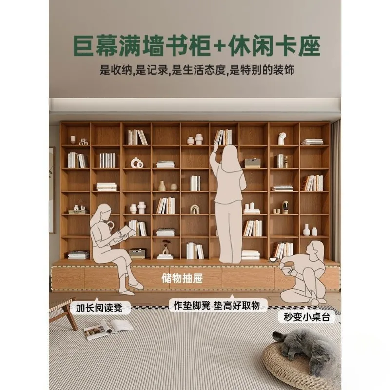 Oak study full wall card seat integrated bookcase, bookshelf, living room to the top solid wood ornament