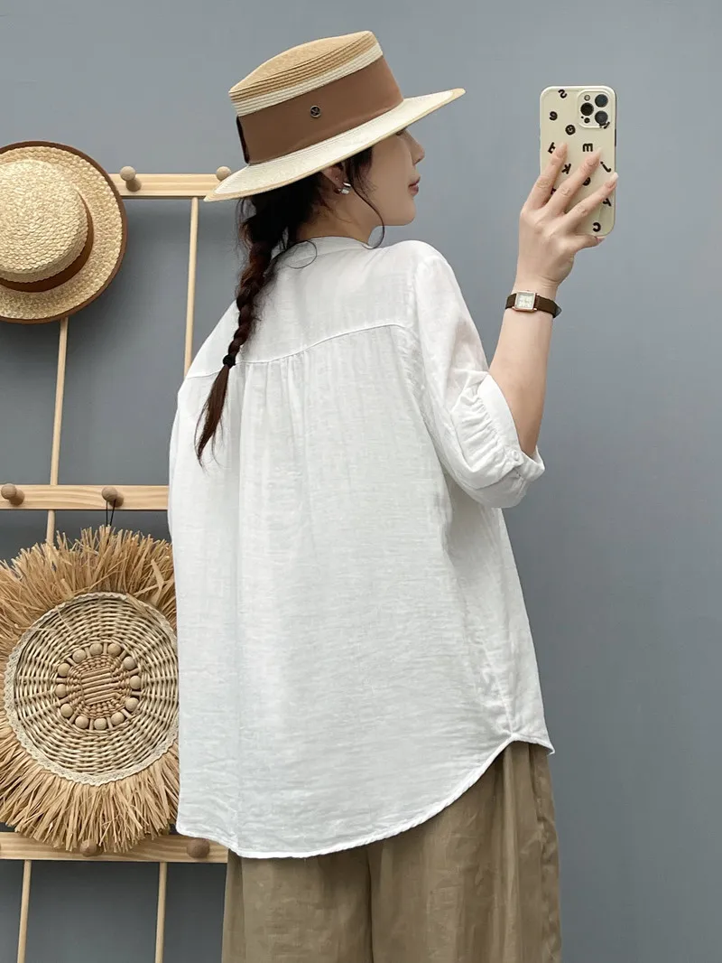 New 2025 Autumn Cotton Yarn Half Sleeve Shirt, Women V Neck Embroidery, Mori Girl Versatile Comfortable Loose Blouse T56290CC