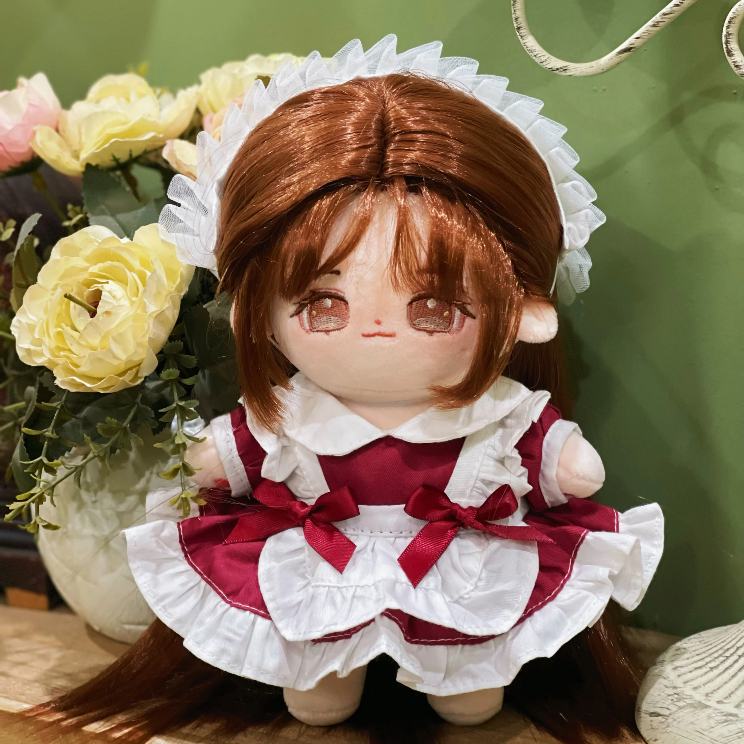 Handmade 2pc 15/20/40CM Doll Clothes Red Maid Dress Headband Kpop Plush Dolls Outfit Toys Baby Doll's Accessories Cos Suit