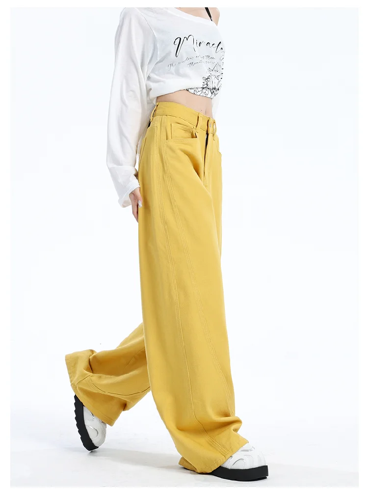 

New Solid Color Slim Loose Women Jeans Street Retro Yellow Pants Female Chicly Casual High Waist Fashion Slim Woman Jeans