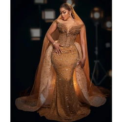 Gold Plus Size Wedding Dresses Beaded Sequined Bridal Gowns Custom Made Tassel Sweetheart Detachable Train Vestido de novia