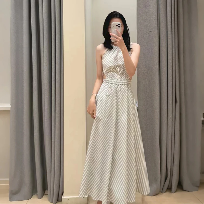 

Slimming Effect Blue And White Striped Cotton Summer New Style Women's Dress round Neck Sleeveless High Waist Long Dress