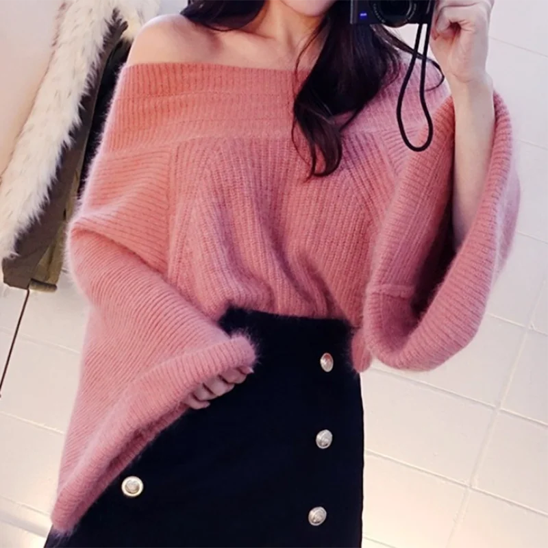 2024 Sexy Off Shoulder Knitted Sweater Women Solid Loose Flare Sleeve Pullover Female Slash neck Mink Cashmere Sweater Jumpers