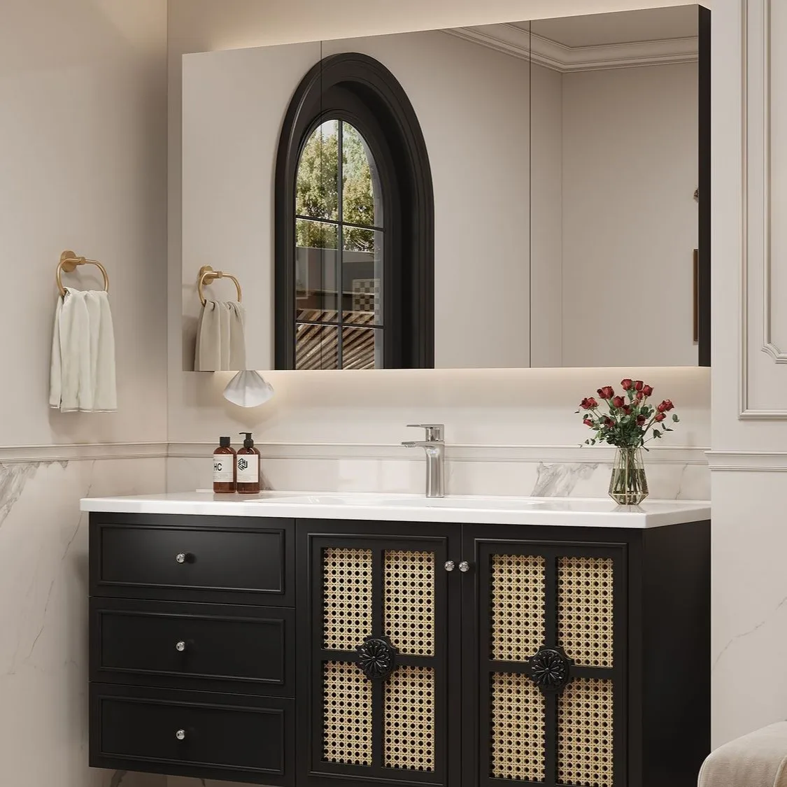 Intelligent French retro style bathroom cabinet, toilet, face wash sink, basin cabinet combination rattan weaving