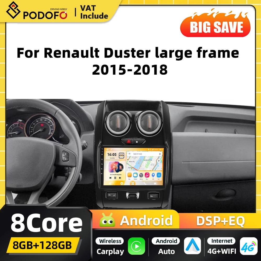 Lecteur multimédia automobile Android Podofo 8+128G 2din pour Renault Duster 2015-2018 Bluetooth FM Android Auto GPS DSP RDS WIFI Carplay