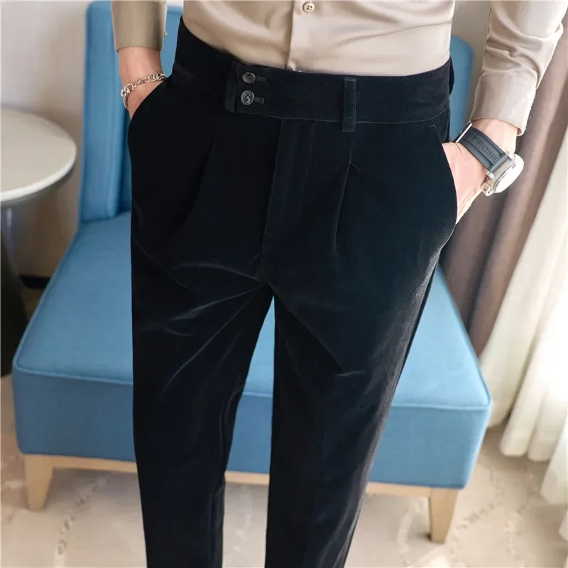 Classic Men Black Velvet Suit Pant Male Time Business Social Wedding Prom Party Formal Dress Trousers