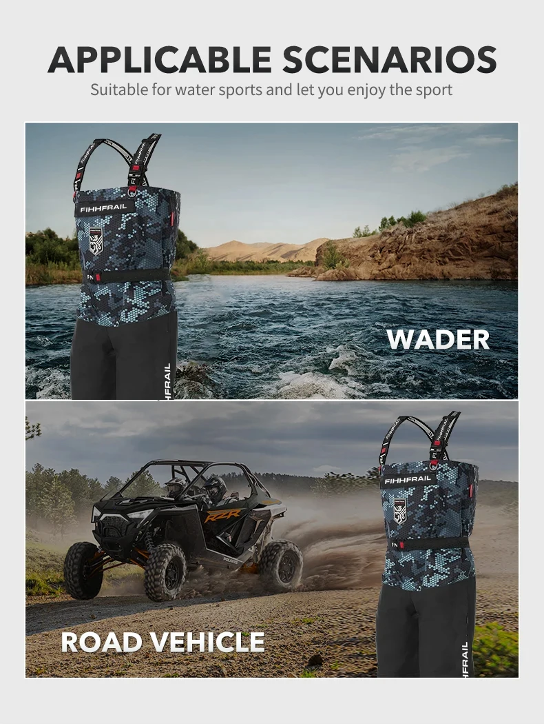 Wasserdichte Neopren-Angelhose für Herren, Tarnfarbene Wathose, Motorradhose, ATV-Fahrradsocke, fliegende Angelwader auf der Brust – Detail 2