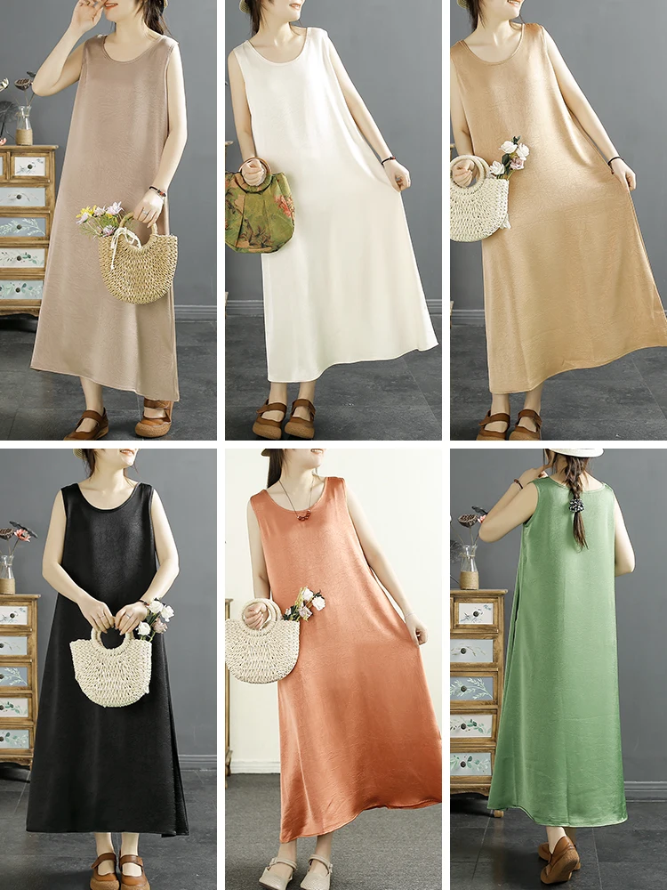 Retro cetim renda guarnição tanque Dr feminino verão elegância redonda Ne Svel saia longa commute Sle bordado floral solto...