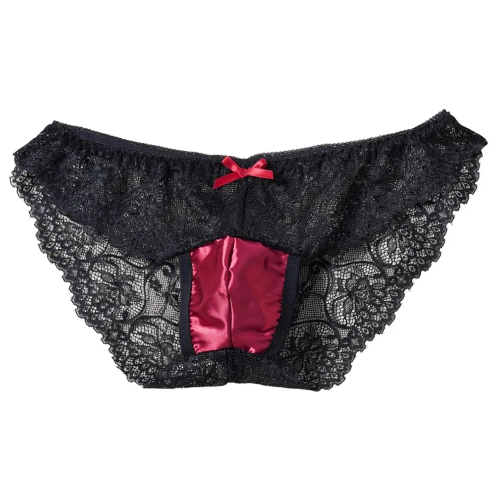 

Соблазнительные мужские черные кружевные трусики-бикини с фиолетовой атласной вставкой и бантом для кроссдрессеров, эротическое интимное белье
