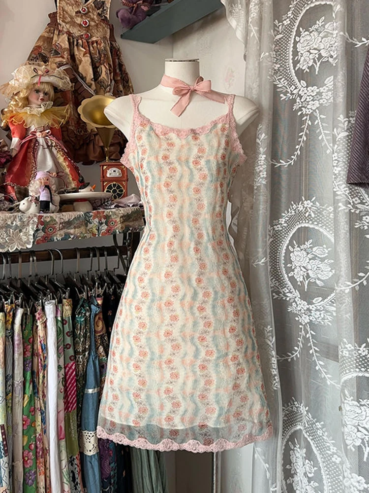 กระโปรงทรงเอลายลูกไม้ดอกไม้ฤดูร้อนสำหรับผู้หญิง ดีไซน์หวานช่วยให้ดูผอมเพรียว สไตล์ญี่ปุ่น กระชับเอว