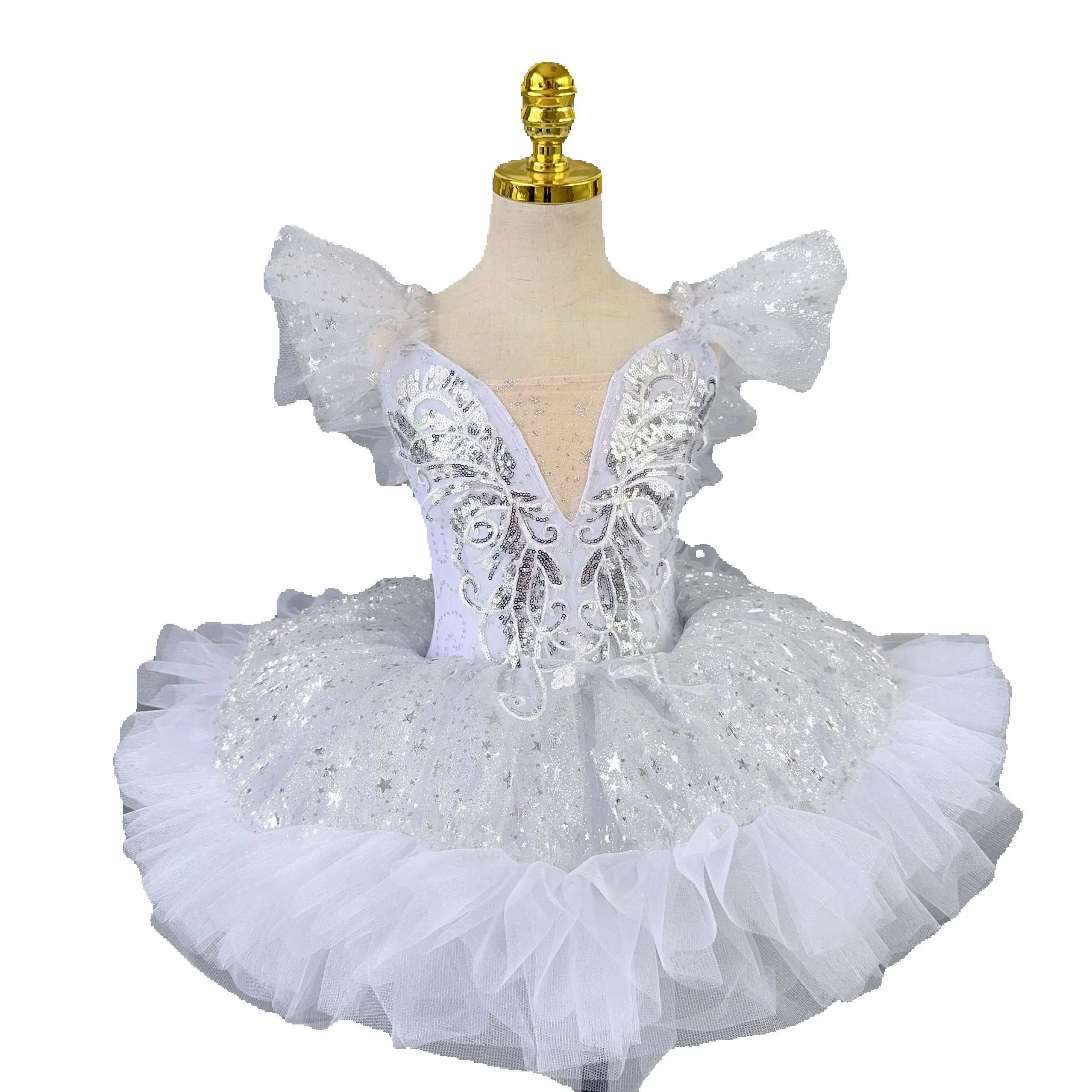 Girls White Sequined Ballet Dress Kids Ballerina Tutu Modern Dance Princess Party Performance Costume
