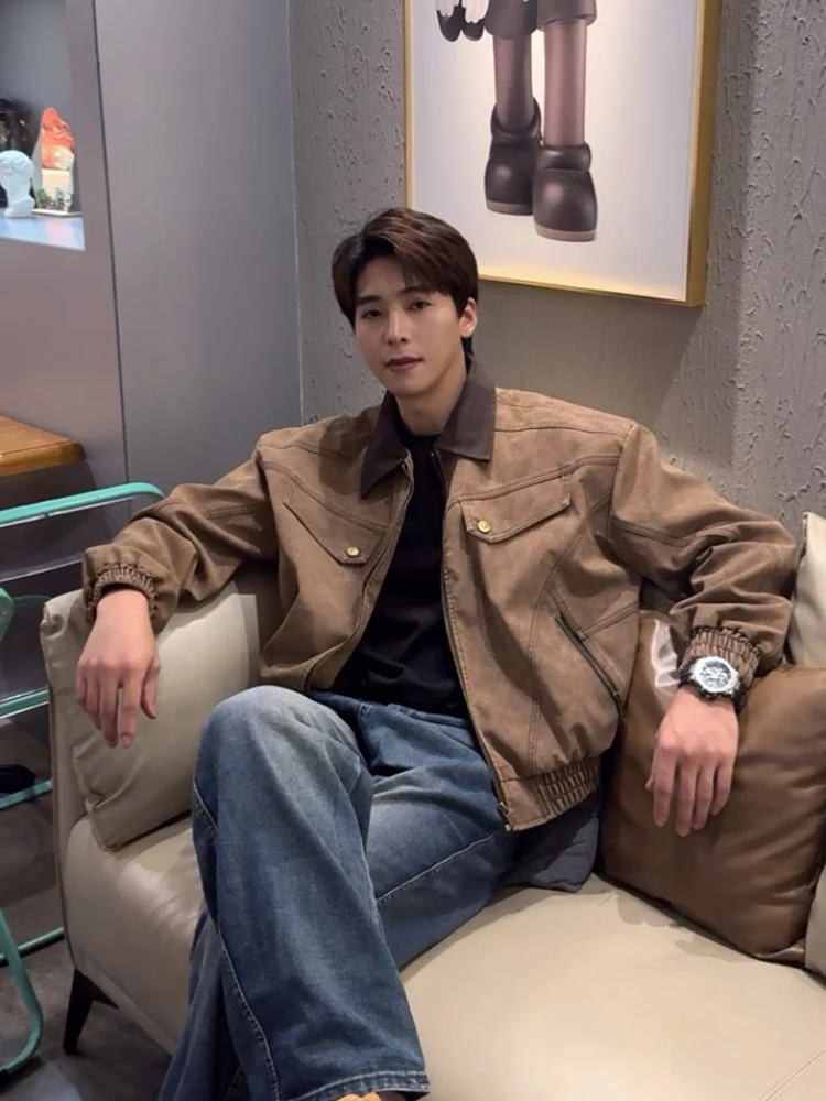 

Men's Faion Workwear Jaet Dyed Waed PU Leather Cotton Fce Lined Winter Coat Casual Loose Fit Youth Trend