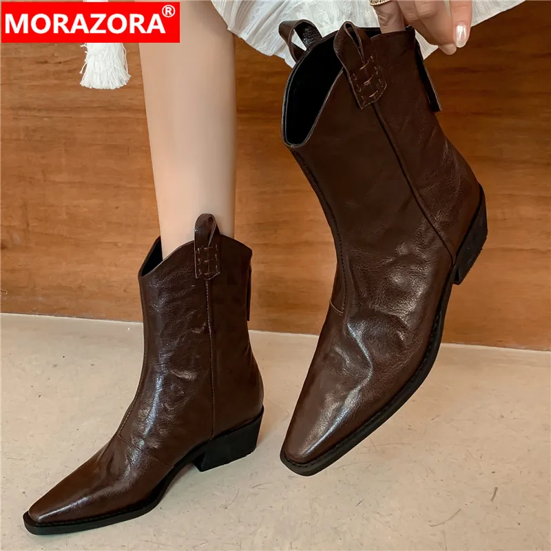 

MORAZORA 2024 New Retro Sheepskin Leather Women's Ankle Boots Zipper Fashion Female Autumn Boots Square Med Heels Western Boots