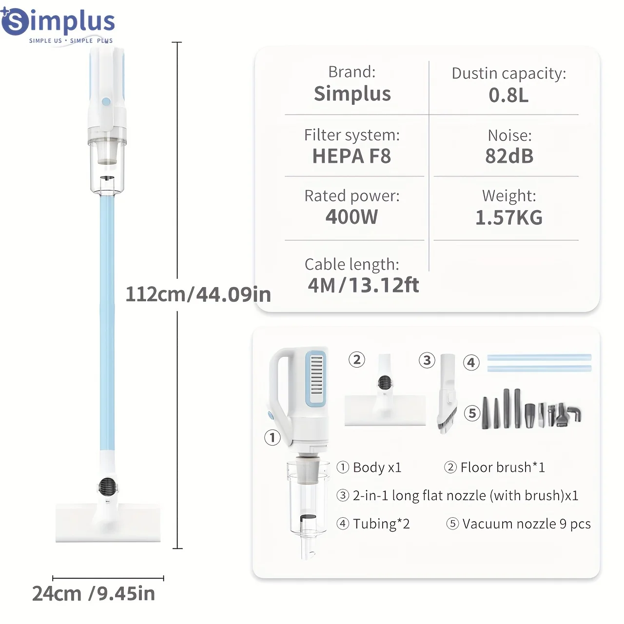 Simplus 14KPa 2 In 1 Vacuum Cleaner household corded vacuum cleaner, 4M wire, 400W high power, double high-efficiency filtration