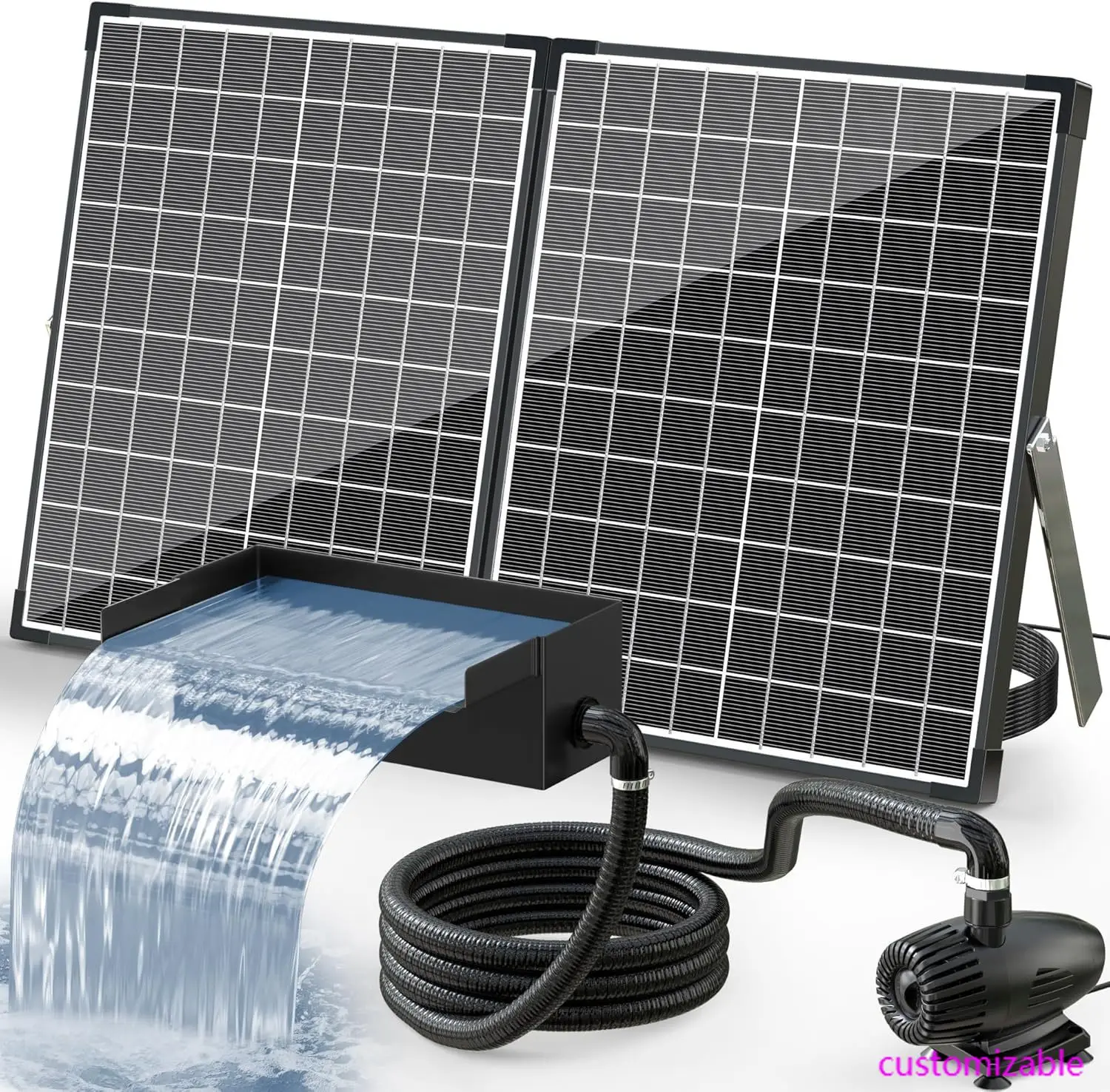 

55W Solar Fountain Pump with Pond Waterfall Box, 304 Stainless Steel Pond Waterfall Spillway, Pond Spillway with 9.8FT PU