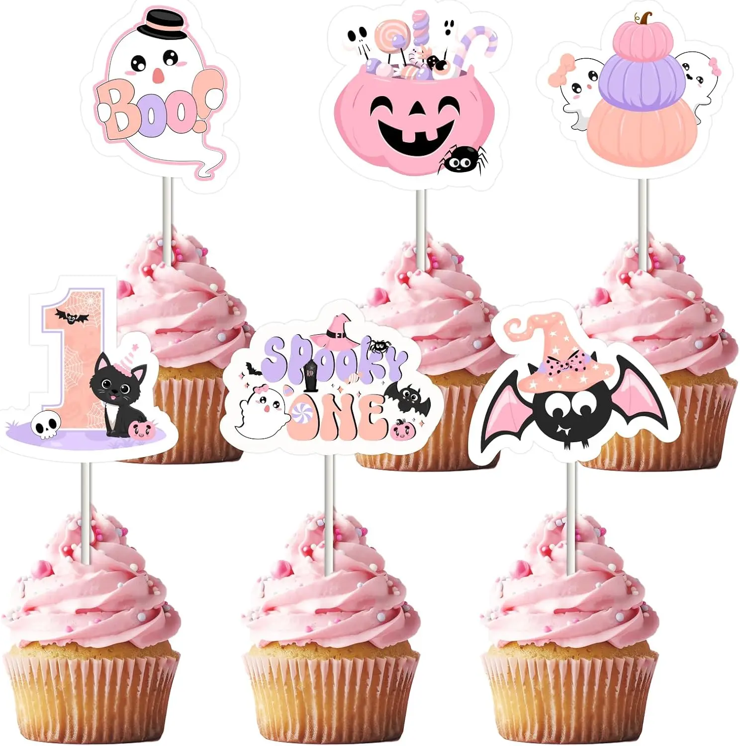 

Fangleland Halloween Decorations for Girls, Spooky One Cupcake Toppers, Ghost Pumpkins Cake 1st Birthday Party Decor Supplies