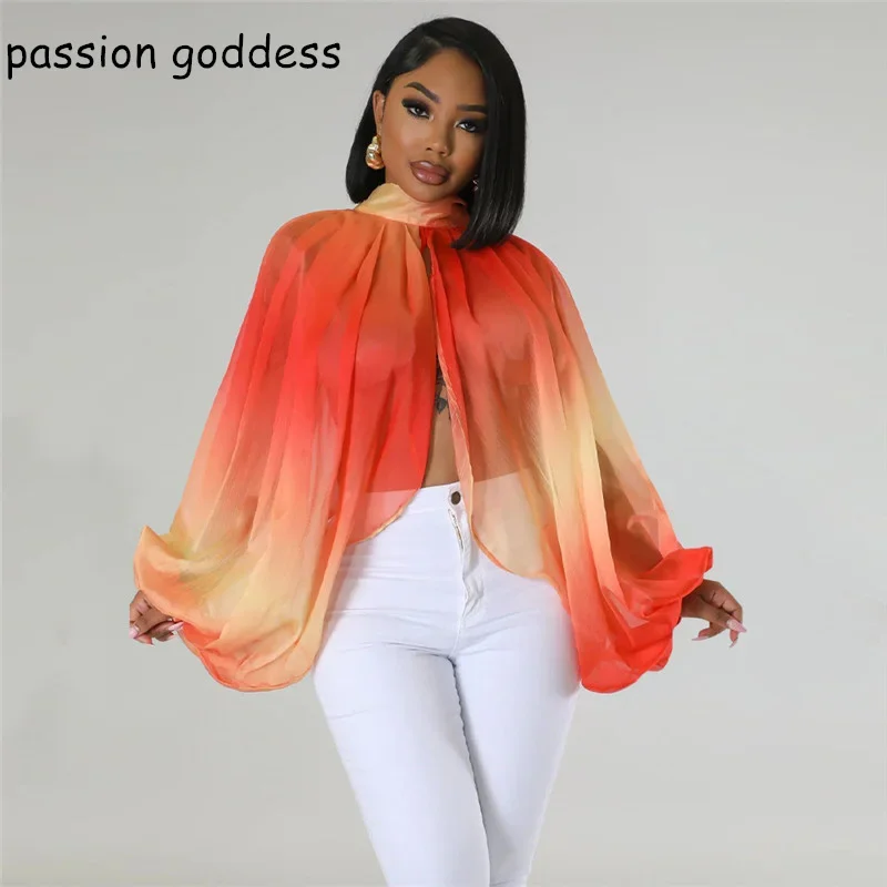 Streetwear Women Batwing Sleeve Split Irregular Sexy Chiffon Blouses 2023 Summer Lace Up Tie Dye Print Party Club Blouse Tops