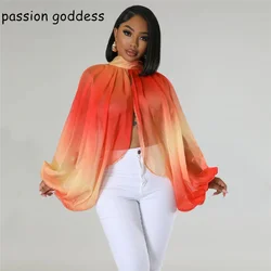 Streetwear Women Batwing Sleeve Split Irregular Sexy Chiffon Blouses 2023 Summer Lace Up Tie Dye Print Party Club Blouse Tops