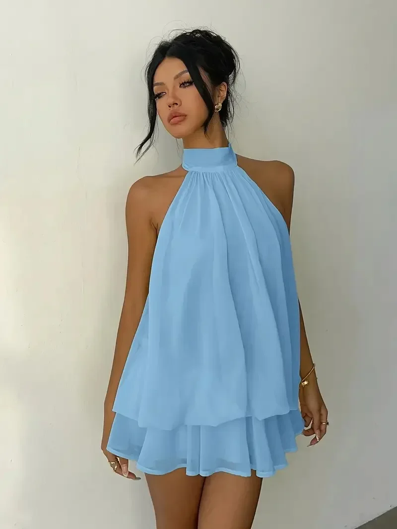 Damen Chiffon-Minikleid mit Neckholder, ärmellos, mehrlagig, mit Rüschen, fließend, einfarbig, locker, A-Linie, Sommer-Party, Strand, Freizeit-Sommerkleid – Detail 29