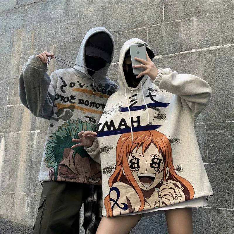 

Hip Hop Cartoon One Piece Hooded Couple Sweatshirt Men's Loose Velvet Thickened Student Jacket Nami Zoro Gift