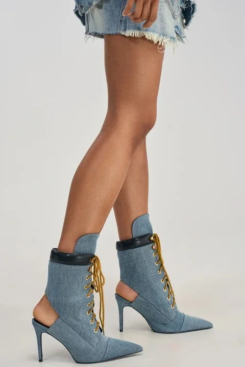 2026 Blue Block Denim Stiletto Mid Calf Boots Contrast Mid Calf Boots Fold  Cuff Front Lace Up Slim Heel Booties Women Punk 44