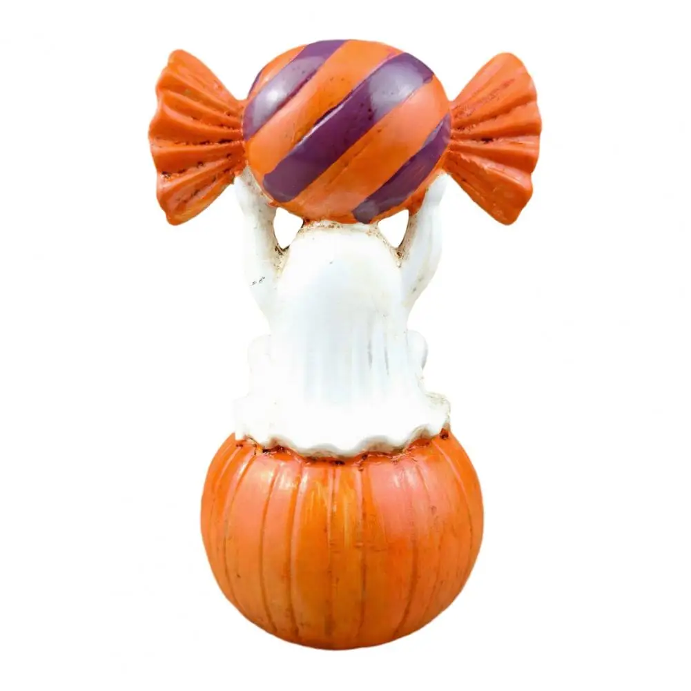 Small Gift for Children Halloween Ghost Figurine Sitting on Pumpkin Cute Candy-holding Ghost Statue Spooky Resin for Indoor